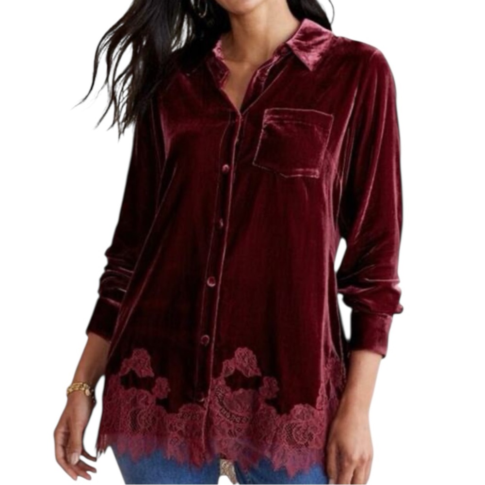 Soft Surroundings Eden Velvet and Lace Shirt Thyme Velvet Tunic Top Size Medium